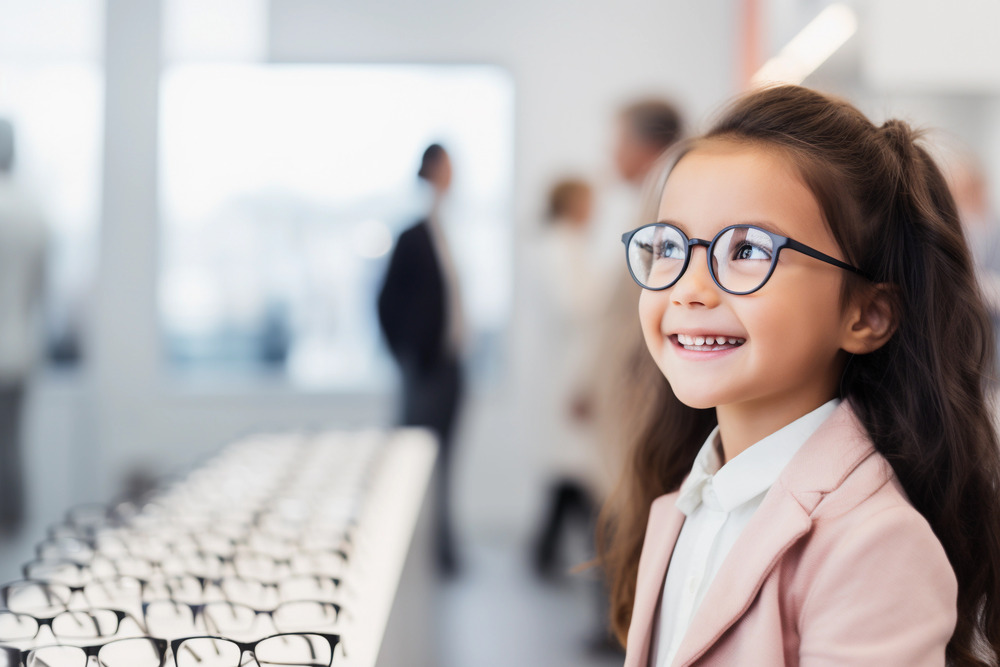 Young girl wearing eyeglasses at the optometrist